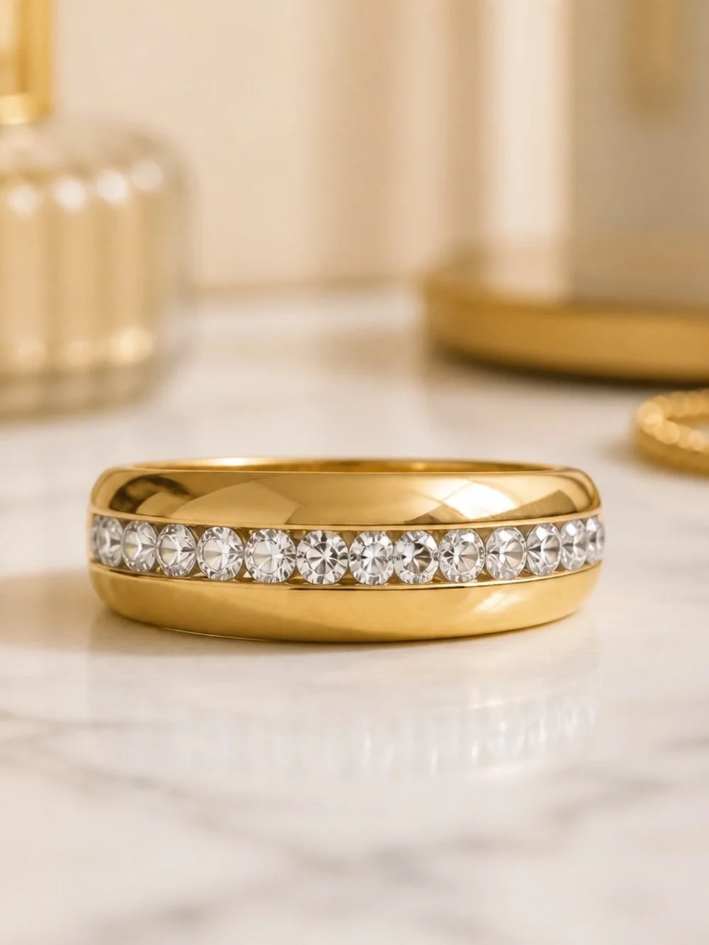 Luxury Collection Titanium Steel Golden w/ Cubic Zirconia Inlay Beveled Band S 7